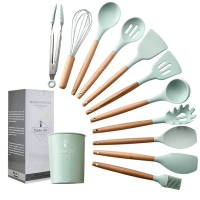 1pc Silicone & Wood Handle Kitchen Cooking Utensils Set (includes Soup Ladle,  Stirring Spoon, Slotted Turner, And Skimmer)